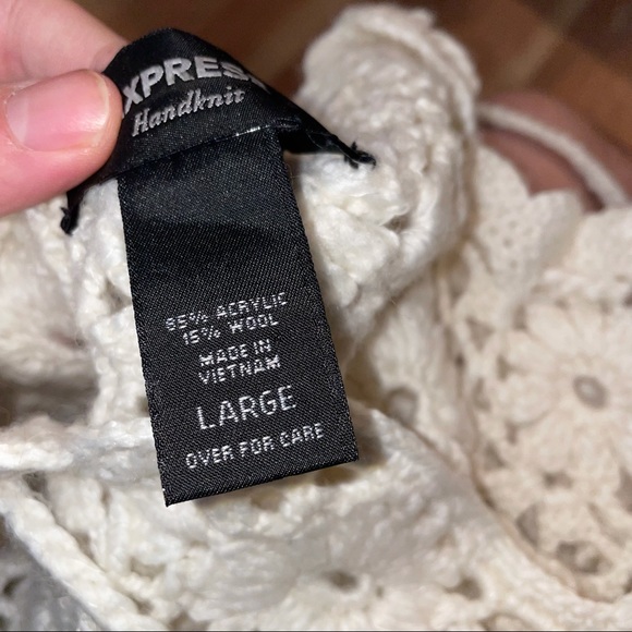 EXPRESS Handknit Open Knit Cream Ivory  granny chic Crochet Wool  Sweater Small - Picture 7 of 13